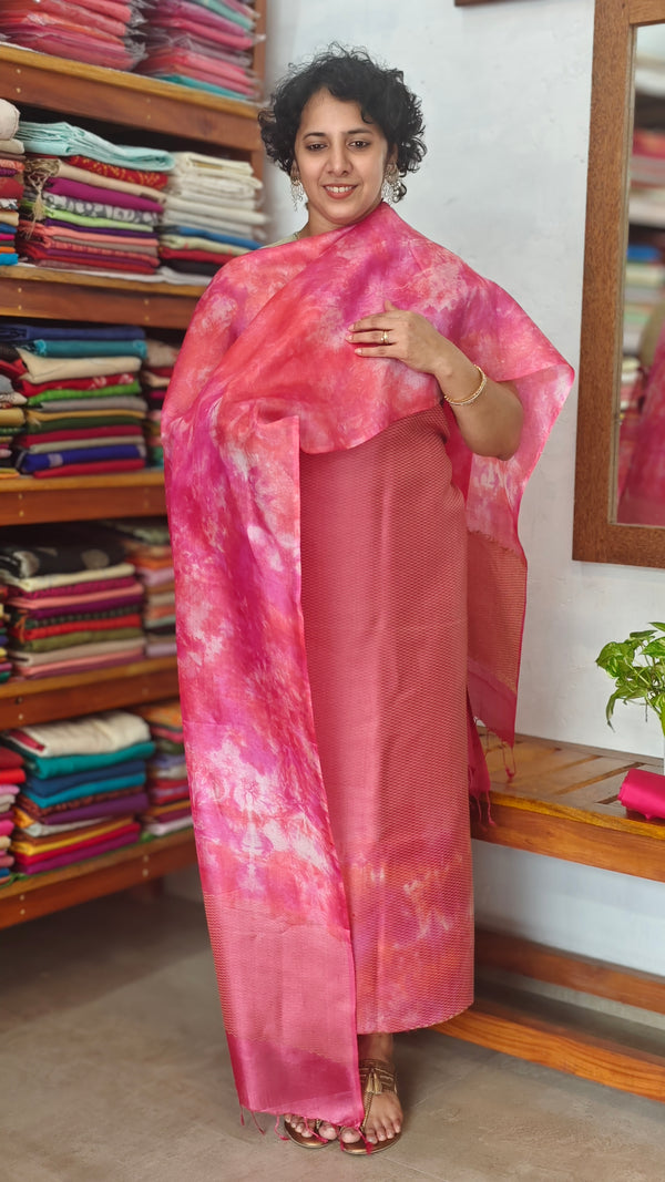 Dark Pink Woven Tussar Silk Shibori Suit - 2938