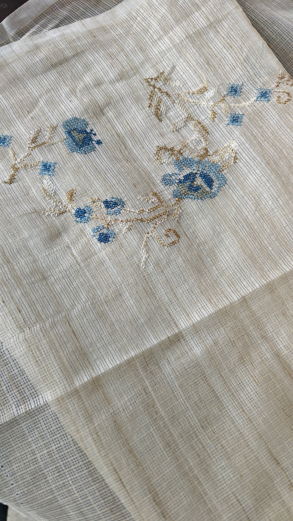 Light Beige and Greyish Blue Kota Saree with Cross Stitch Embroidery - 5033