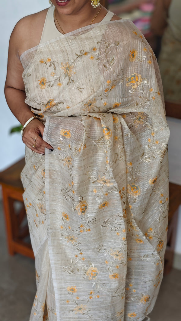 Light Beige and Mustard Kota Saree with Cross Stitch Embroidery - 5033