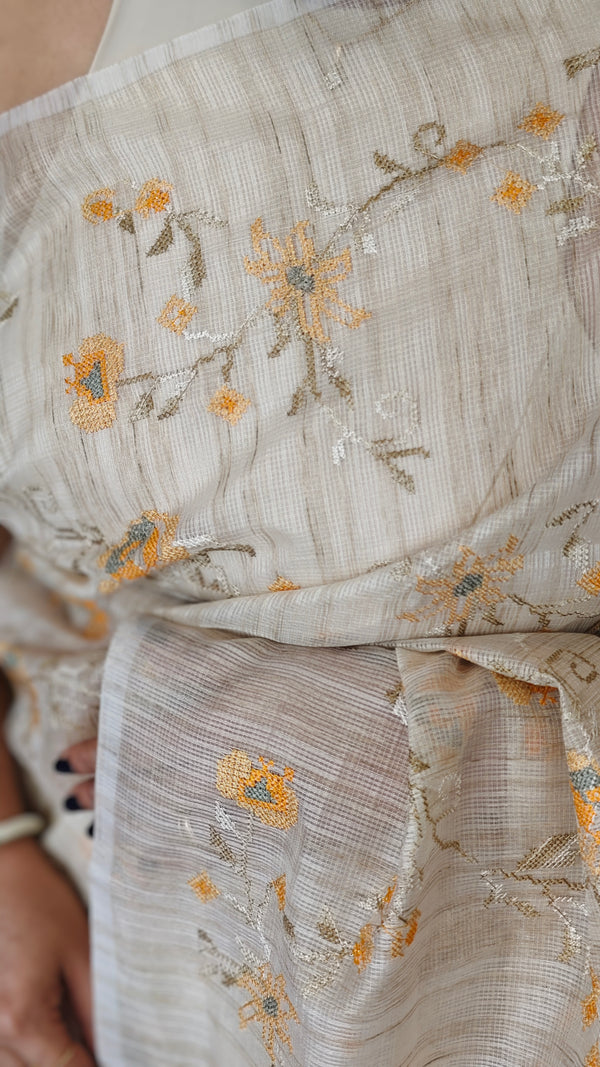Light Beige and Mustard Kota Saree with Cross Stitch Embroidery - 5033