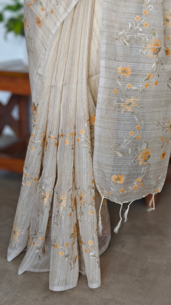 Light Beige and Mustard Kota Saree with Cross Stitch Embroidery - 5033