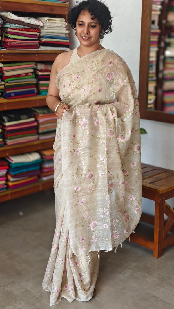 Light Beige Lilac and Green Kota Saree with Cross Stitch Embroidery - 5033