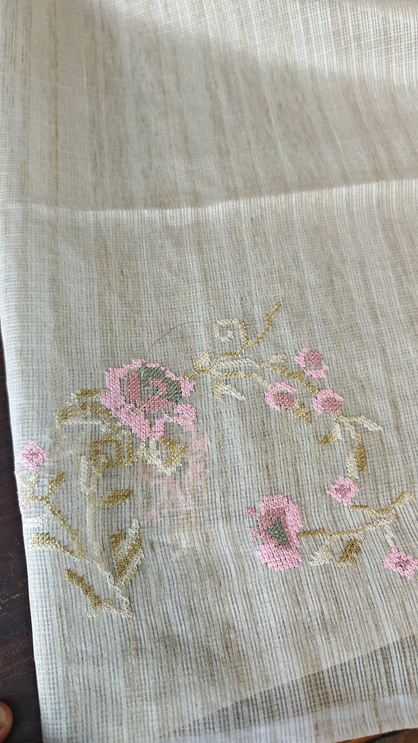 Light Beige Lilac and Green Kota Saree with Cross Stitch Embroidery - 5033