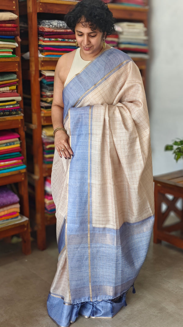 Biscuit Beige and Lavender Blue Checked Semi Silk Saree - 6733