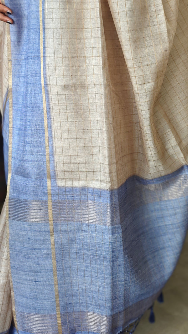 Biscuit Beige and Lavender Blue Checked Semi Silk Saree - 6733