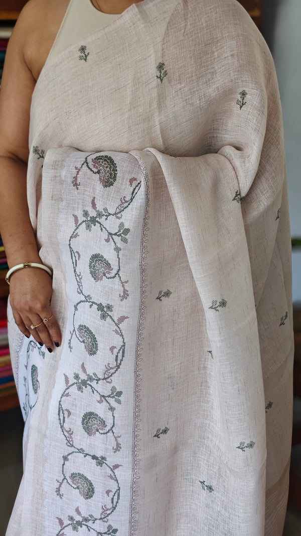 Light Beige and Green Linen Saree with Cross Stitch Prints - 934G