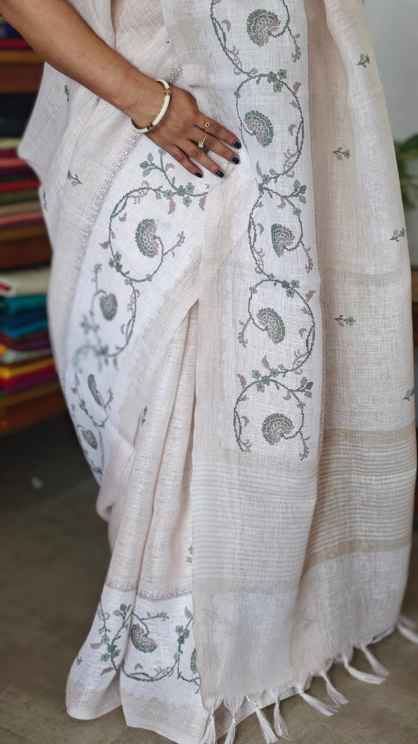 Light Beige and Green Linen Saree with Cross Stitch Prints - 934G
