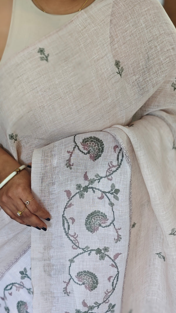 Light Beige and Green Linen Saree with Cross Stitch Prints - 934G