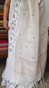 Light Beige and Green Linen Saree with Cross Stitch Prints - 934G