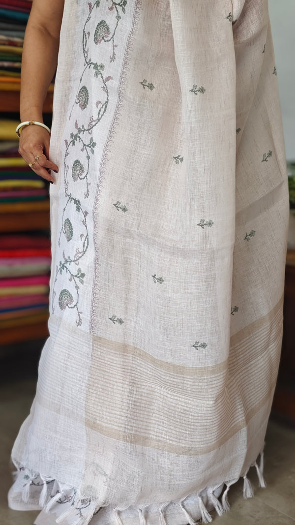 Light Beige and Green Linen Saree with Cross Stitch Prints - 934G