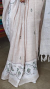 Light Beige and Green Linen Saree with Cross Stitch Prints - 934G