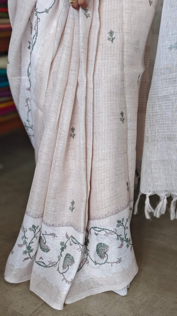 Light Beige and Green Linen Saree with Cross Stitch Prints - 934G