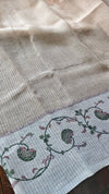 Light Beige and Green Linen Saree with Cross Stitch Prints - 934G