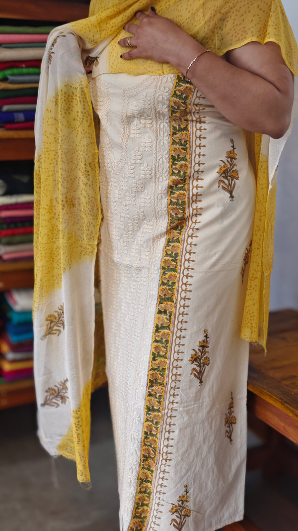 Cream and Mustard Block Printed Cotton Suit - L425