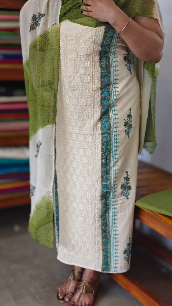 Cream and Green Block Printed Cotton Suit - L425