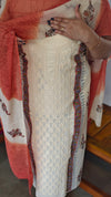Cream and Brick Red Block Printed Cotton Suit - L425