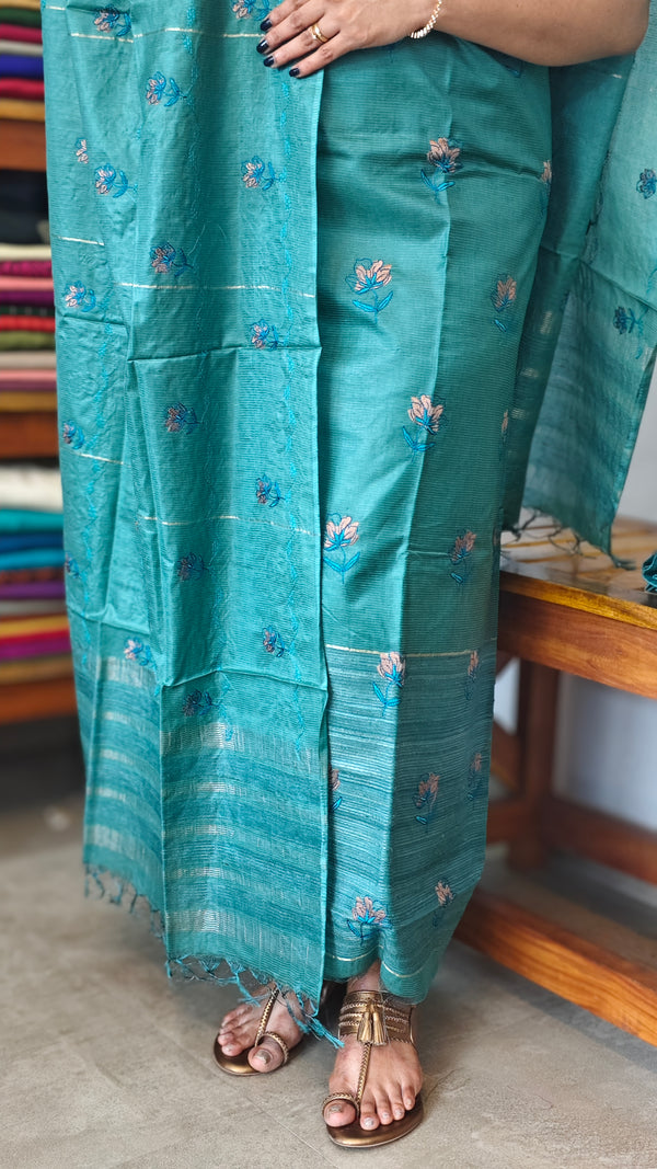 Peacock Green Embroidered Noel Tussar Silk Suit - 4955