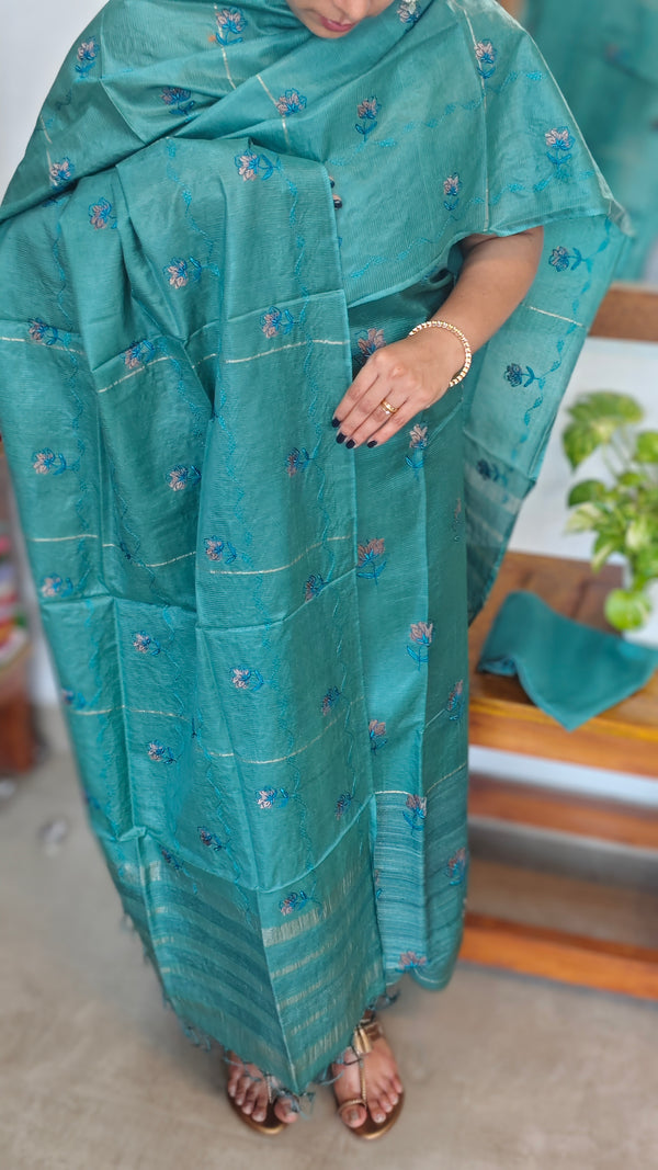 Peacock Green Embroidered Noel Tussar Silk Suit - 4955