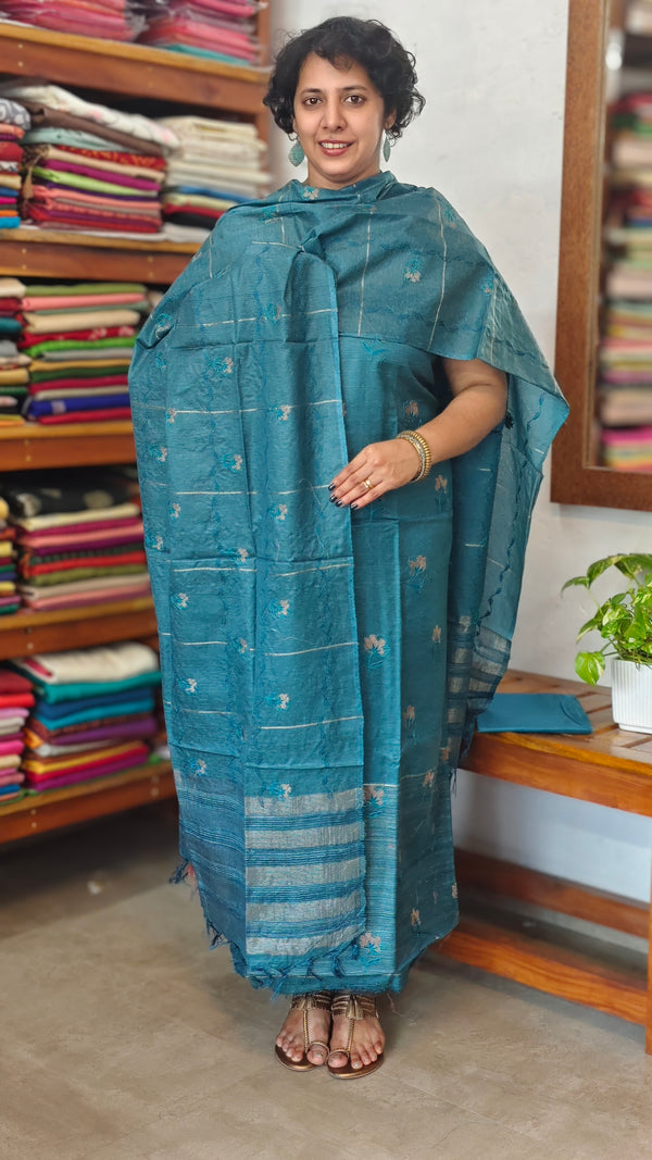 Peacock Blue Embroidered Noel Tussar Silk Suit - 4955