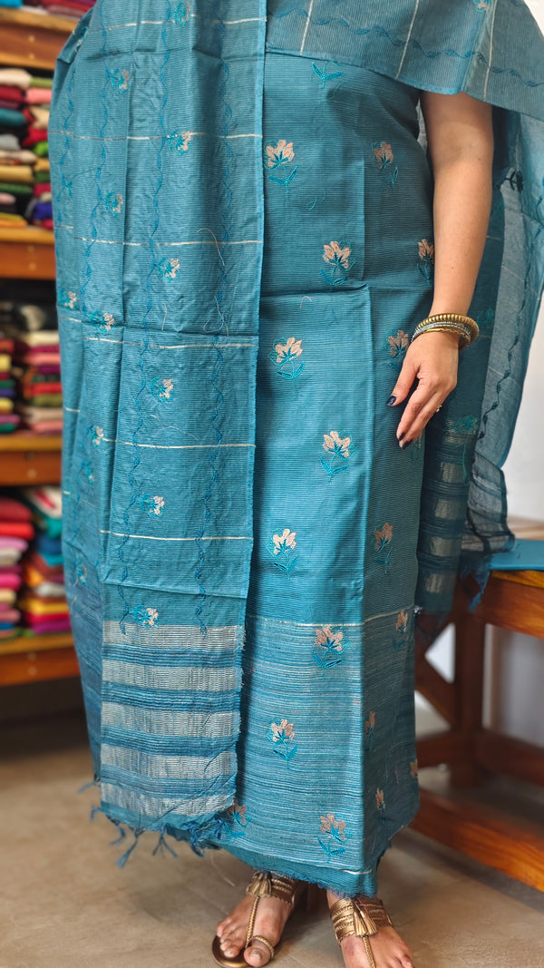 Peacock Blue Embroidered Noel Tussar Silk Suit - 4955
