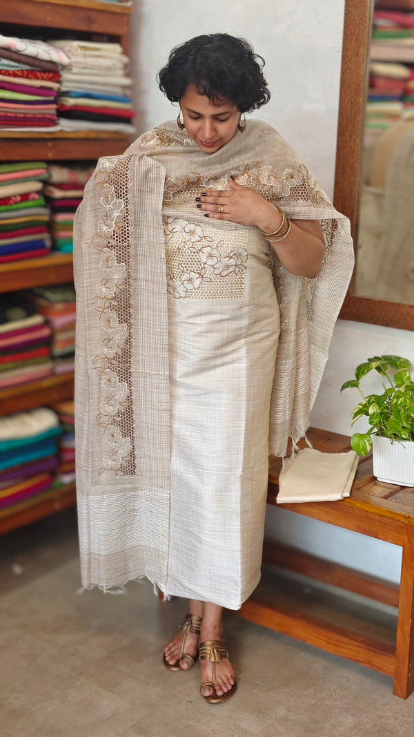 Off White Cutwork Embroidered Cotton Silk Suit