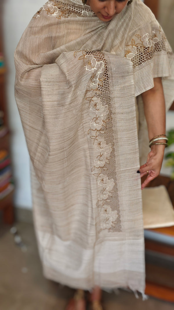 Off White Cutwork Embroidered Cotton Silk Suit