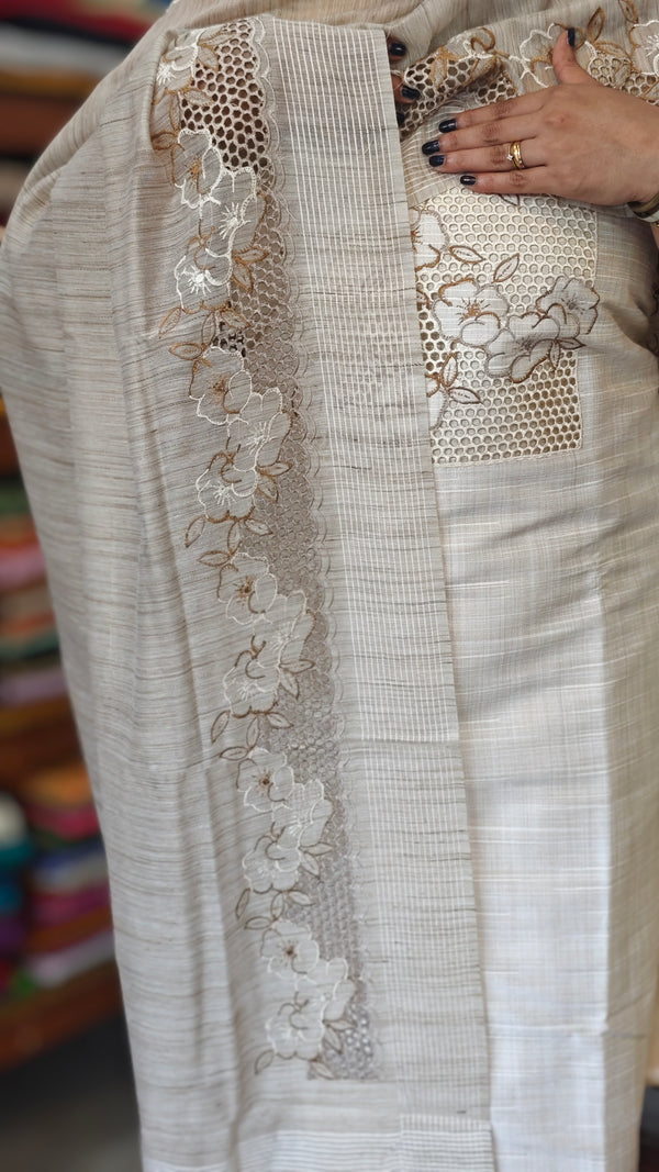 Off White Cutwork Embroidered Cotton Silk Suit