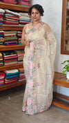 Breezy Beige Embroidered Crushed Organza Saree - PLM4