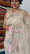Breezy Beige Embroidered Crushed Organza Saree - PLM4