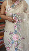Breezy Beige Embroidered Crushed Organza Saree - PLM4