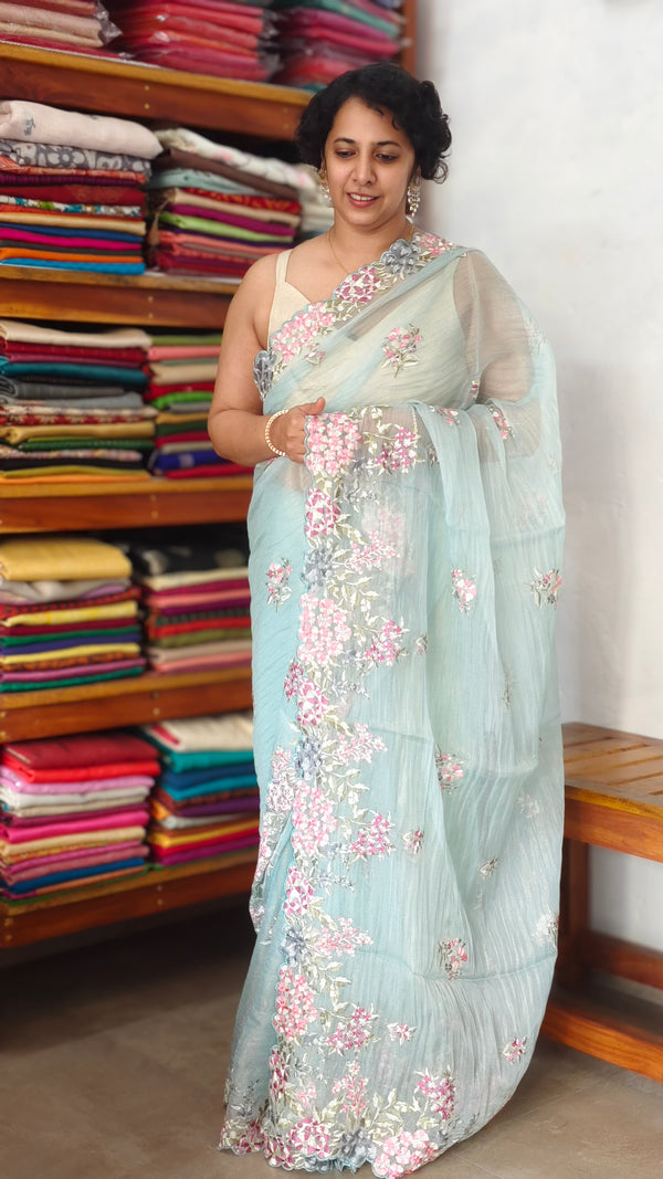 Pastel Blue Embroidered Crushed Organza Saree - PLM4