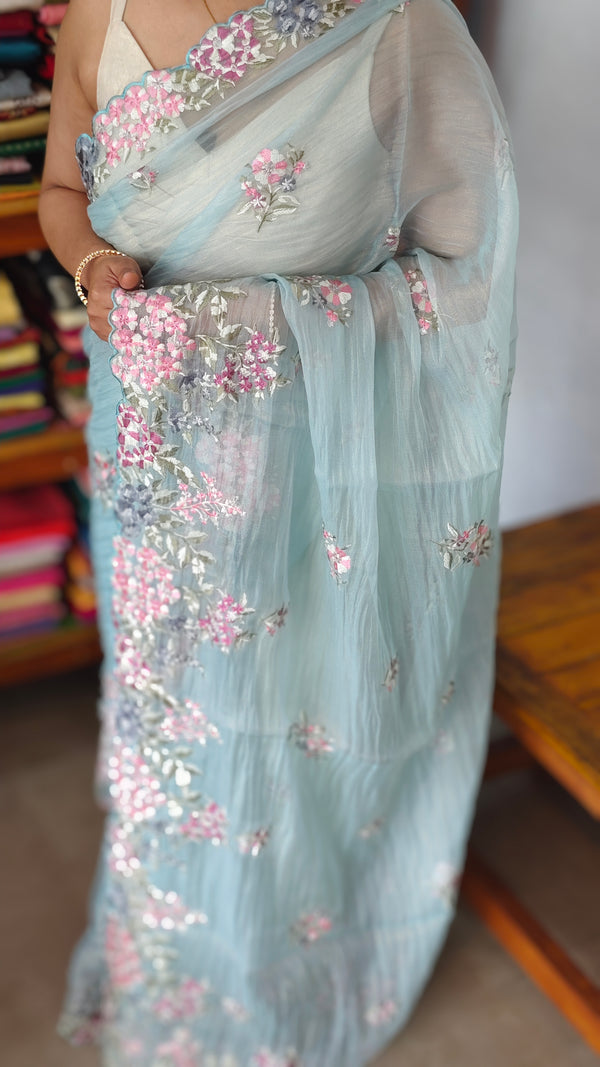 Pastel Blue Embroidered Crushed Organza Saree - PLM4