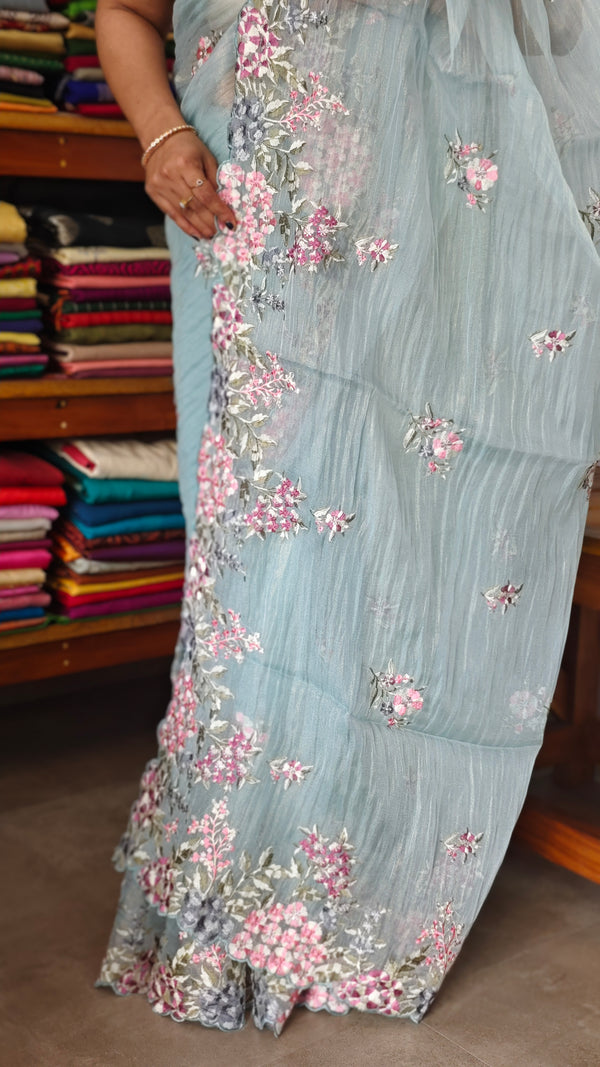 Pastel Blue Embroidered Crushed Organza Saree - PLM4