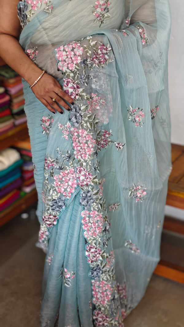 Pastel Blue Embroidered Crushed Organza Saree - PLM4