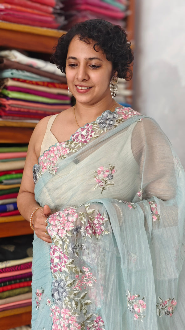 Pastel Blue Embroidered Crushed Organza Saree - PLM4