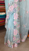 Pastel Blue Embroidered Crushed Organza Saree - PLM4