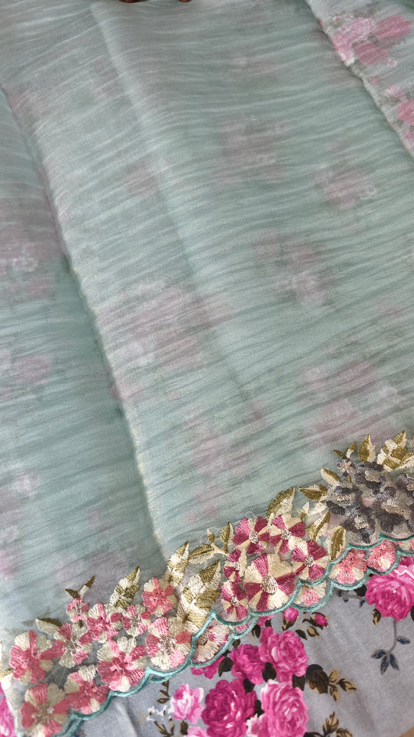 Pastel Blue Embroidered Crushed Organza Saree - PLM4