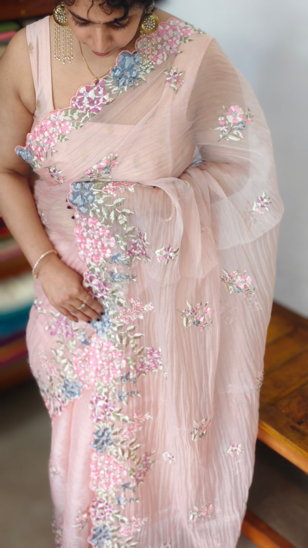 Pastel Peach Embroidered Crushed Organza Saree - PLM4