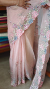 Pastel Peach Embroidered Crushed Organza Saree - PLM4