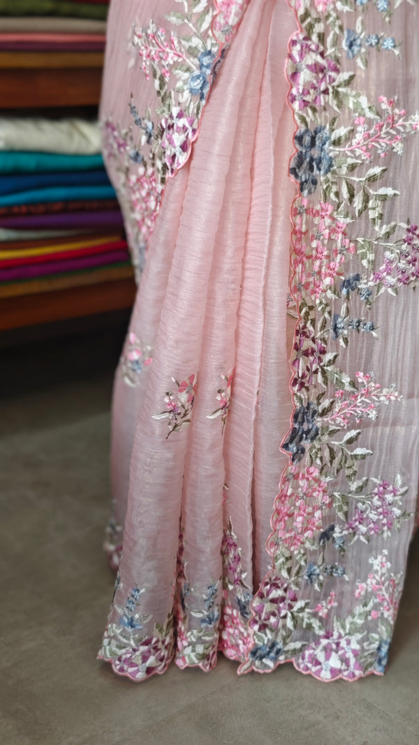 Pastel Peach Embroidered Crushed Organza Saree - PLM4