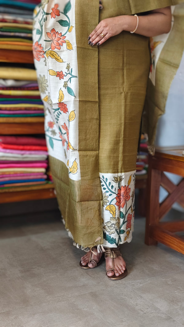 Mehandi Green Painted Silk Suit - FF192