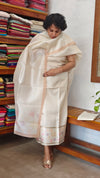 Cream and Gold Zari Striped Semi Silk - CSU7 - D12