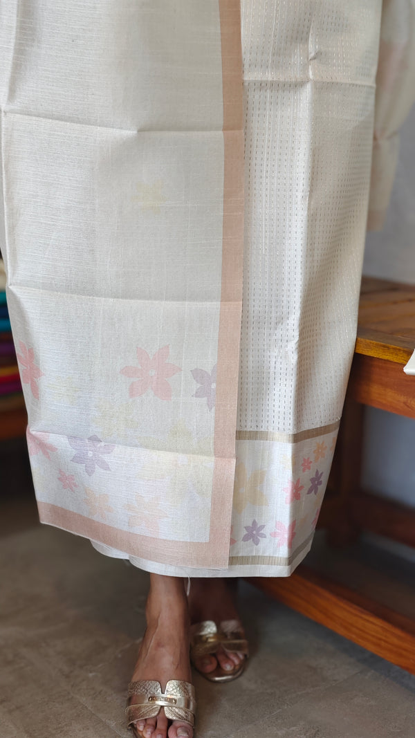 Cream and Gold Zari Striped Semi Silk - CSU7 - D12