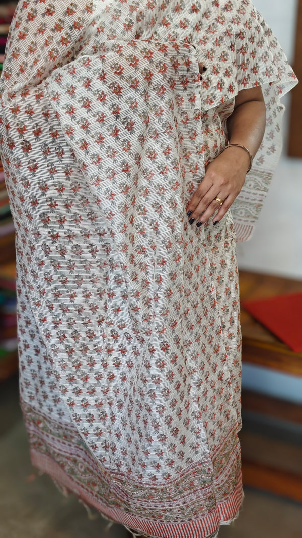 Off white and red printed super net kota suit
