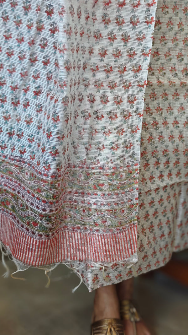 Off white and red printed super net kota suit