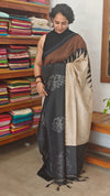 Black Cream and Brown Printed Khatan Silk Saree - MYT3