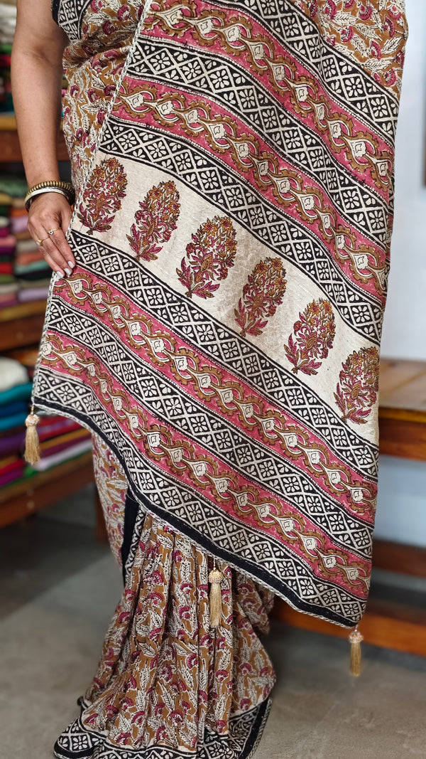 Mustard Block Printed Crepe Linen Saree - 4929
