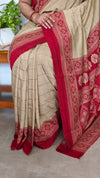Beige and Red Block Semi Silk saree