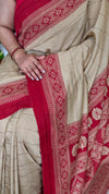 Beige and Red Block Semi Silk saree