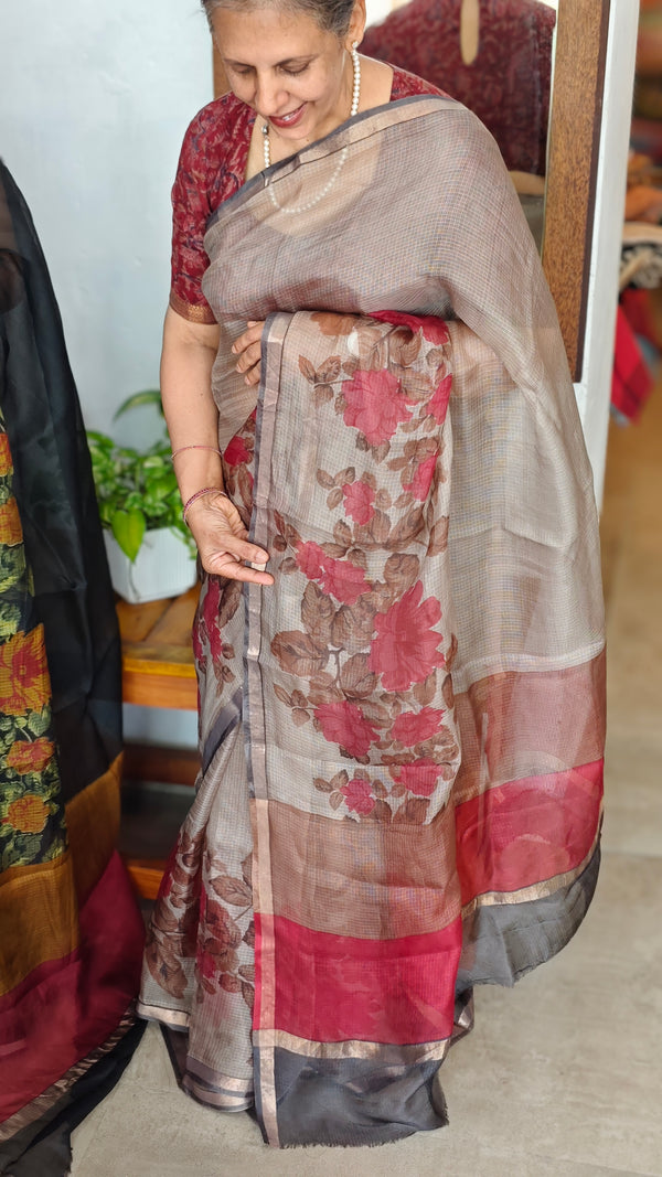 Taupe Kota Silk Floral Printed Saree - KTS3